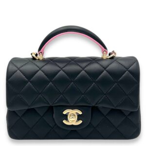 Rectangle Top Handle Bag Black in Lambskin, Gold hardware