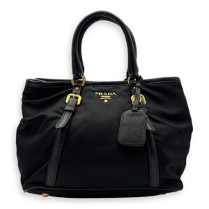Logo Black Top Handle Bag in Nylon, Gold hardware