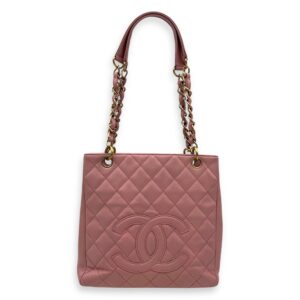 PST Petite Shopping Pink Tote Bag in Caviar Leather, Gold hardware