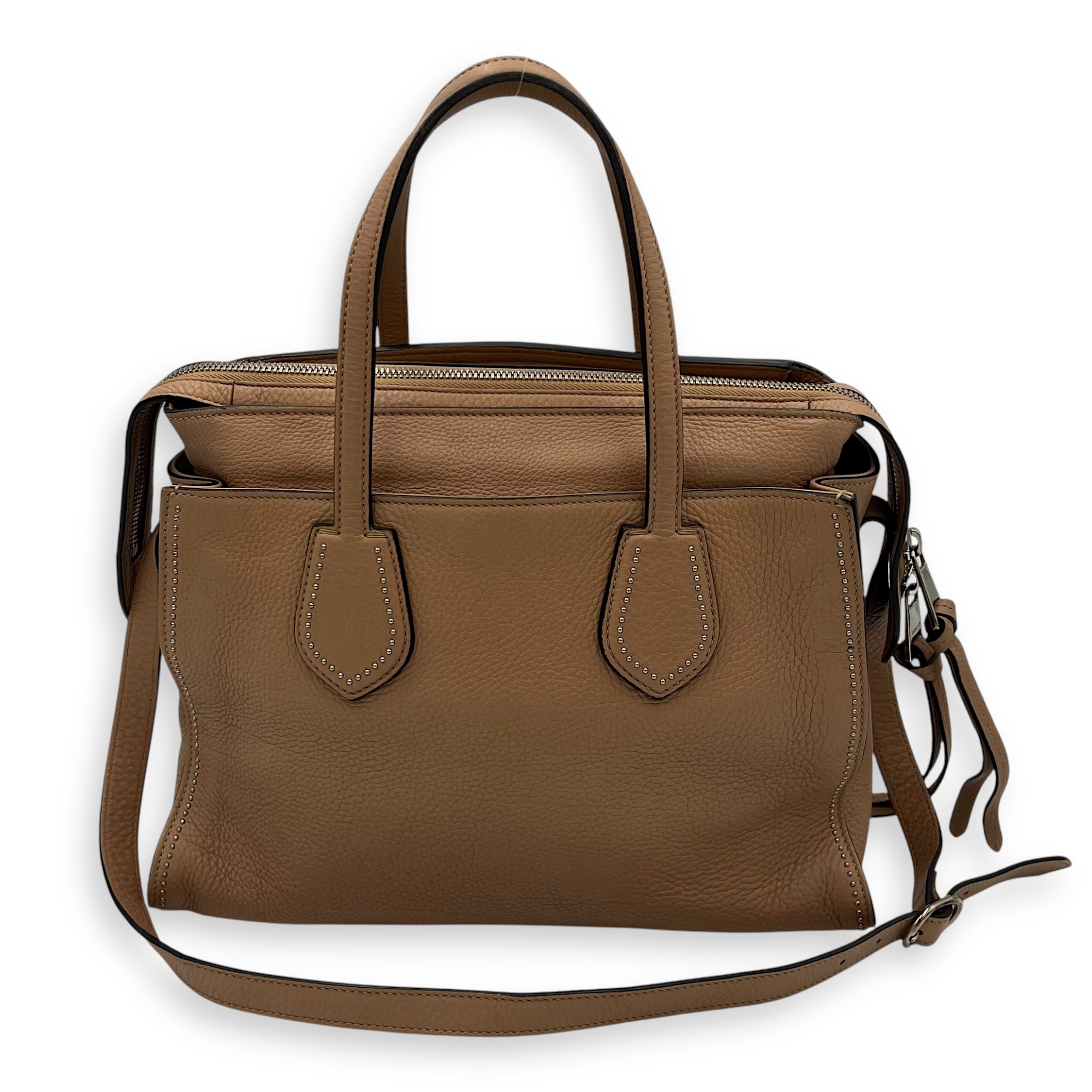 Studded 2 Way Brown Top Handle Bag in Calfskin, Gold hardware - Image 3