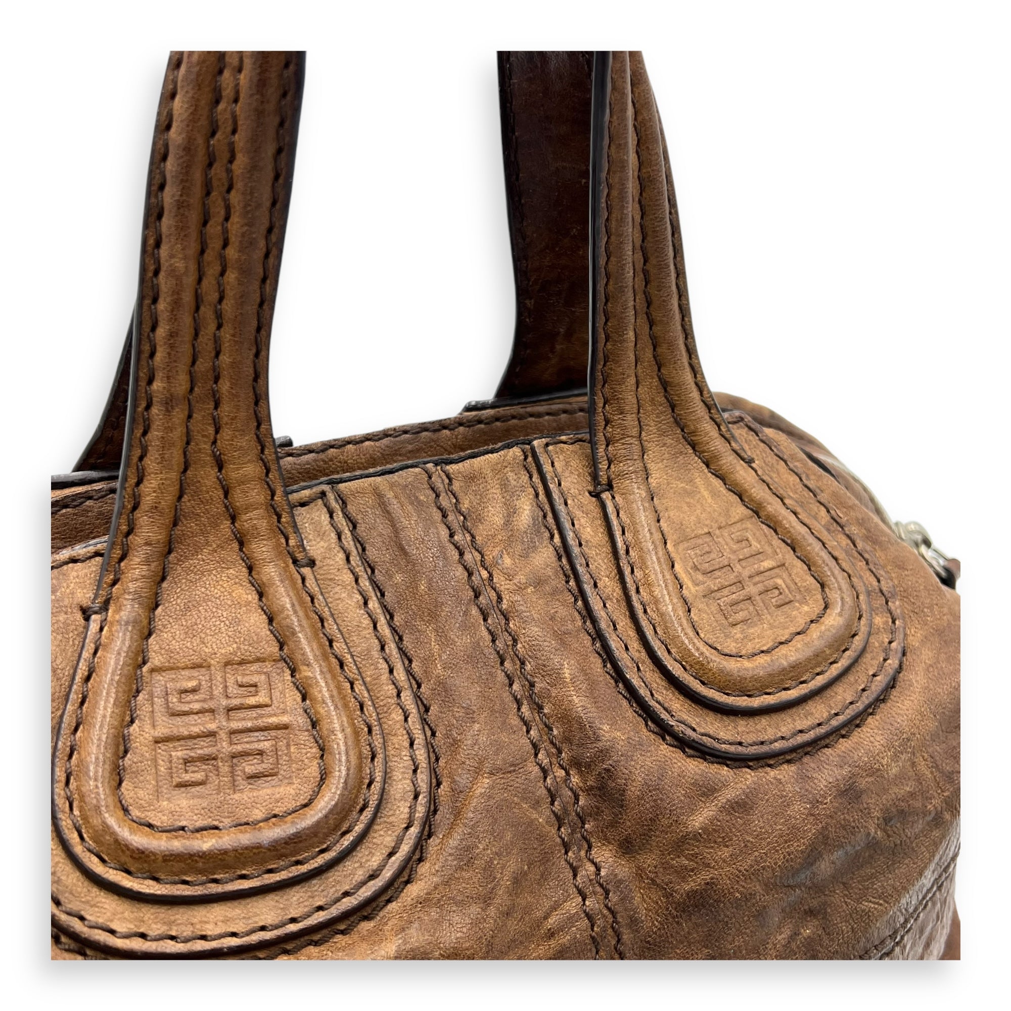 Nightingale Small Brown Top Handle Bag in Distressed Leather, Silver hardware - Image 7