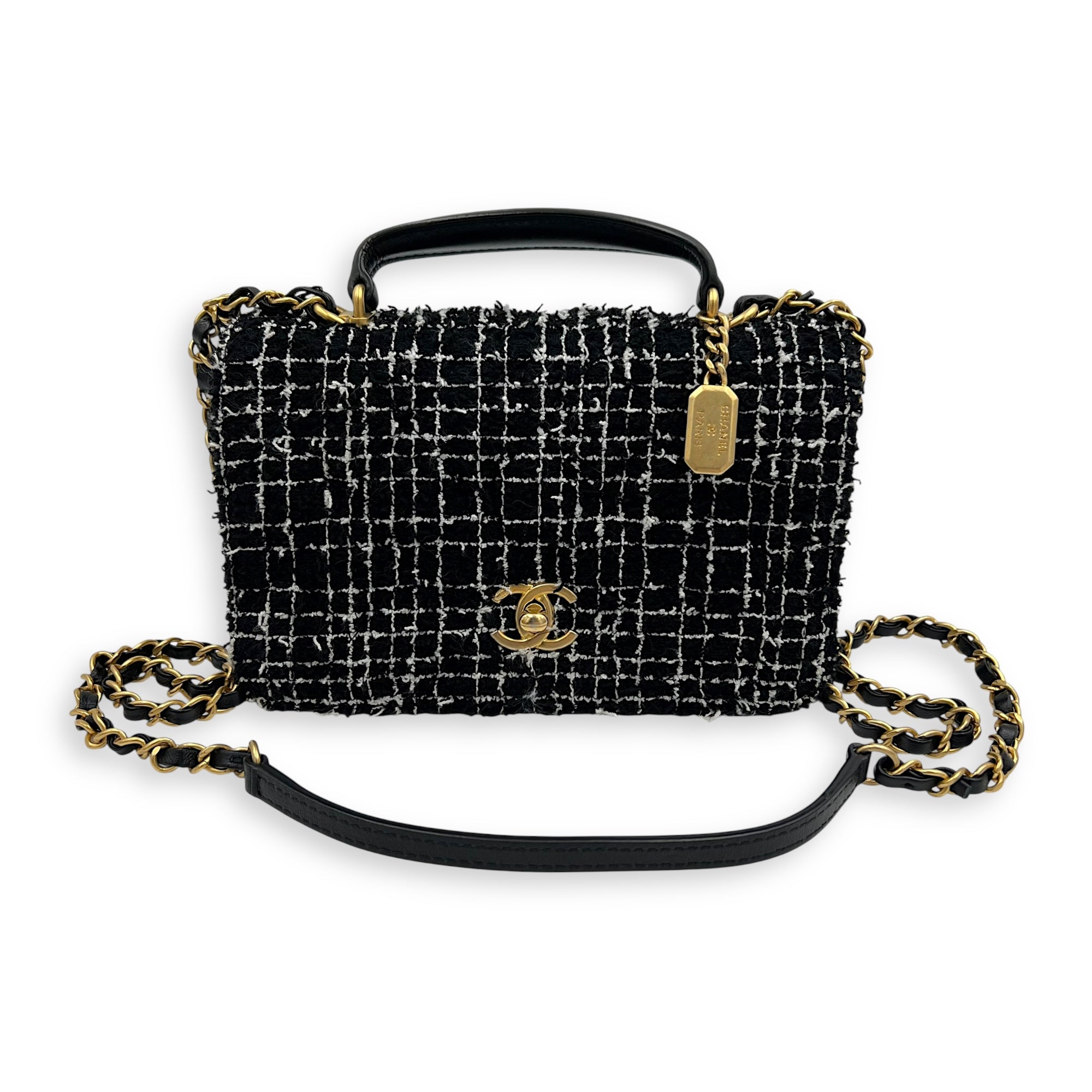 CC Black Top Handle Bag in Tweed, Gold hardware - Image 7