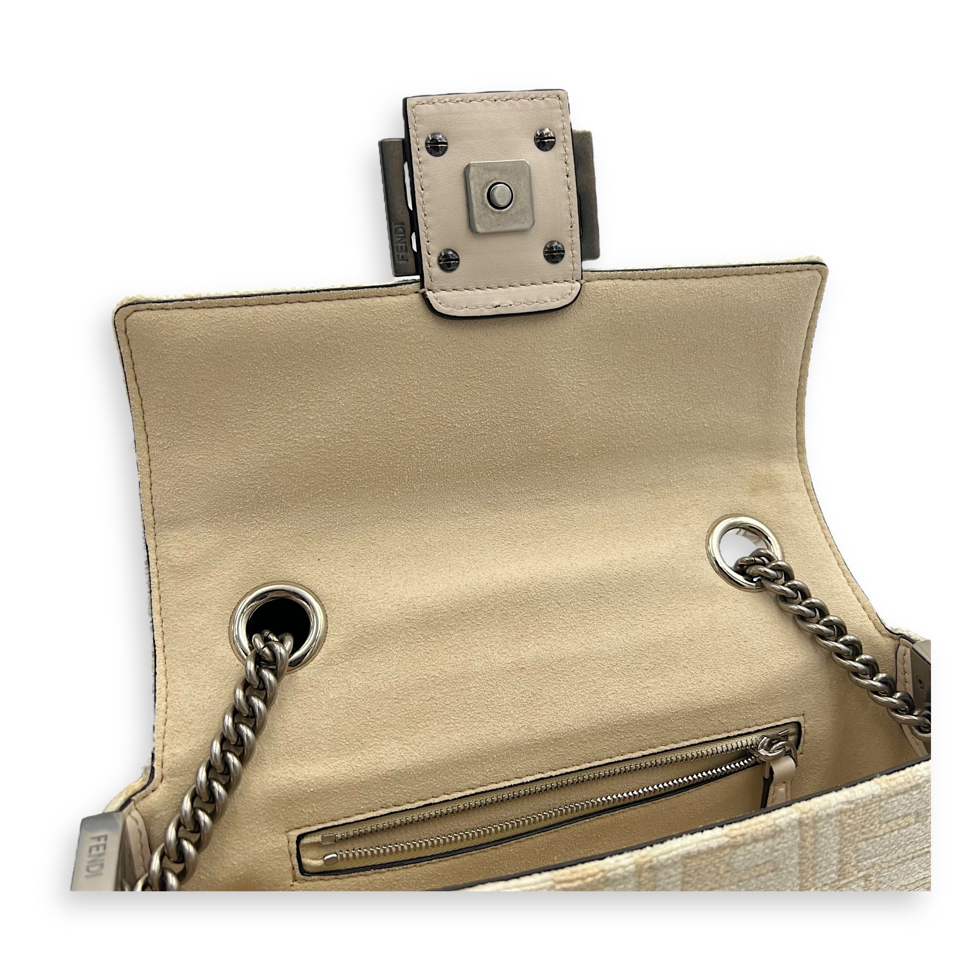 Baguette Shoulder Bag Beige in Velvet, Silver hardware - Image 12