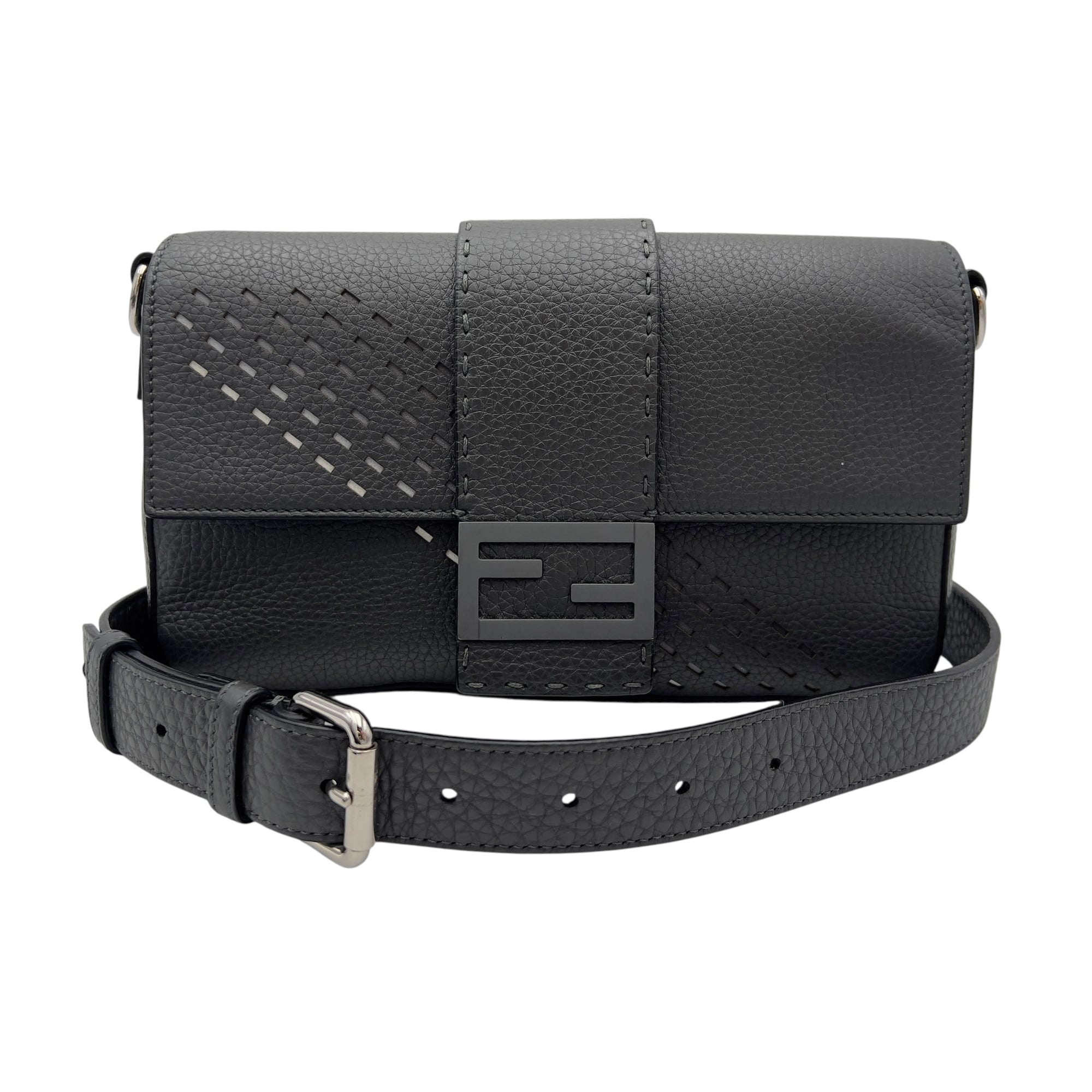 Baguette Crossbody Bag Small Grey in Calfskin, Silver hardware - Image 9