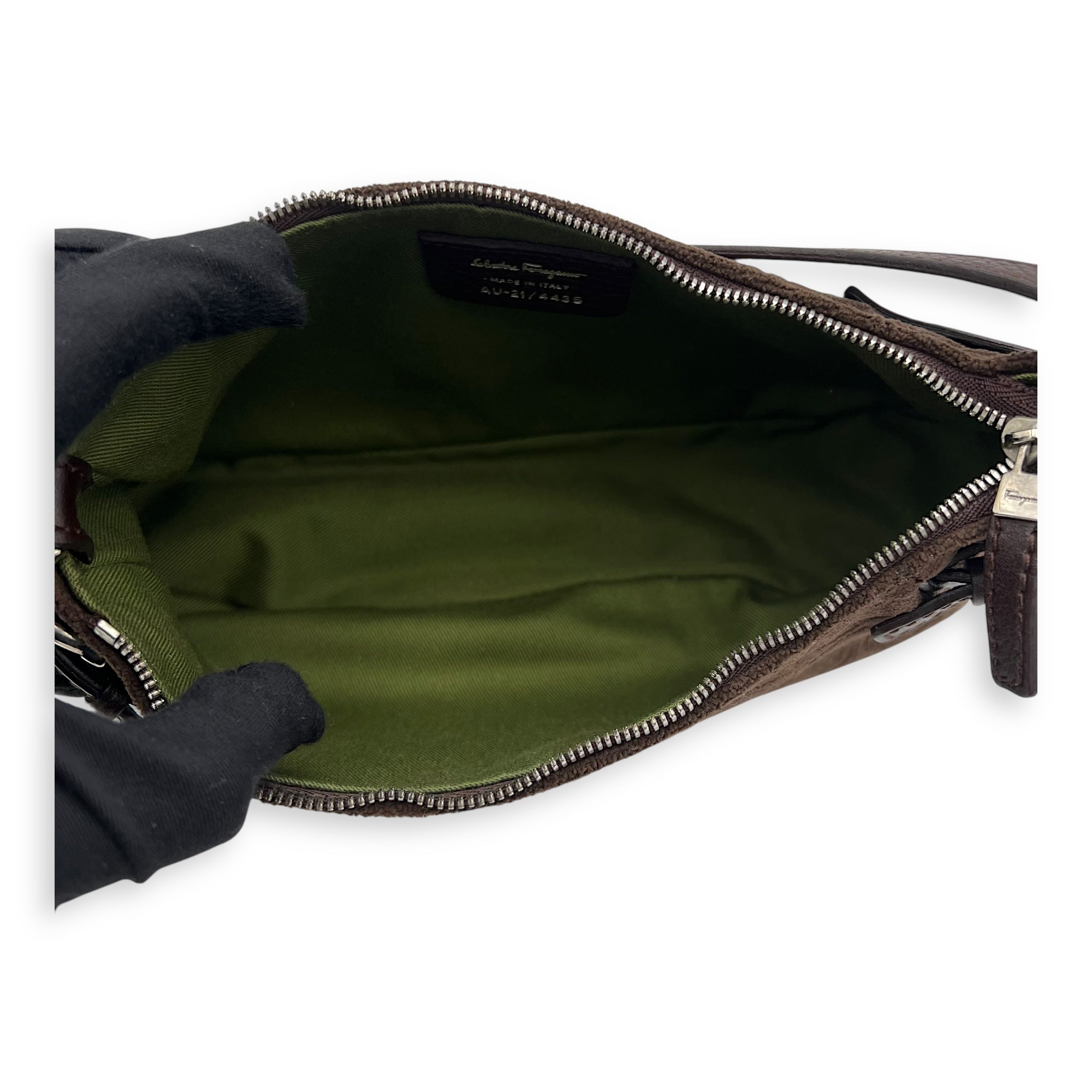 Gancini Brown Shoulder Bag in Fabric, Silver hardware - Image 7