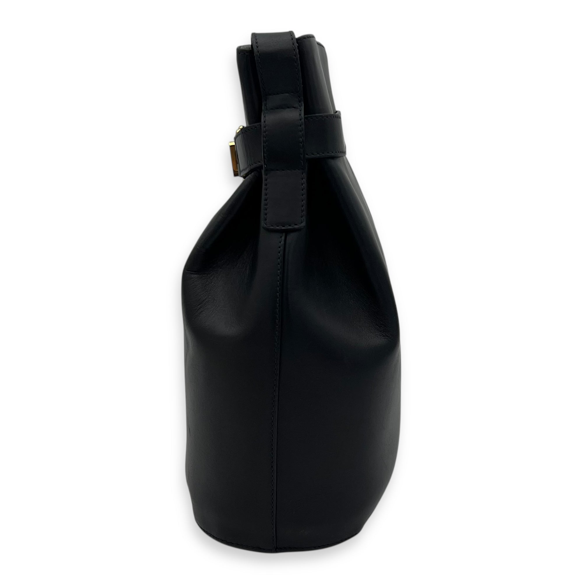 Gancini Black Shoulder Bag in Calfskin, Gold hardware - Image 5