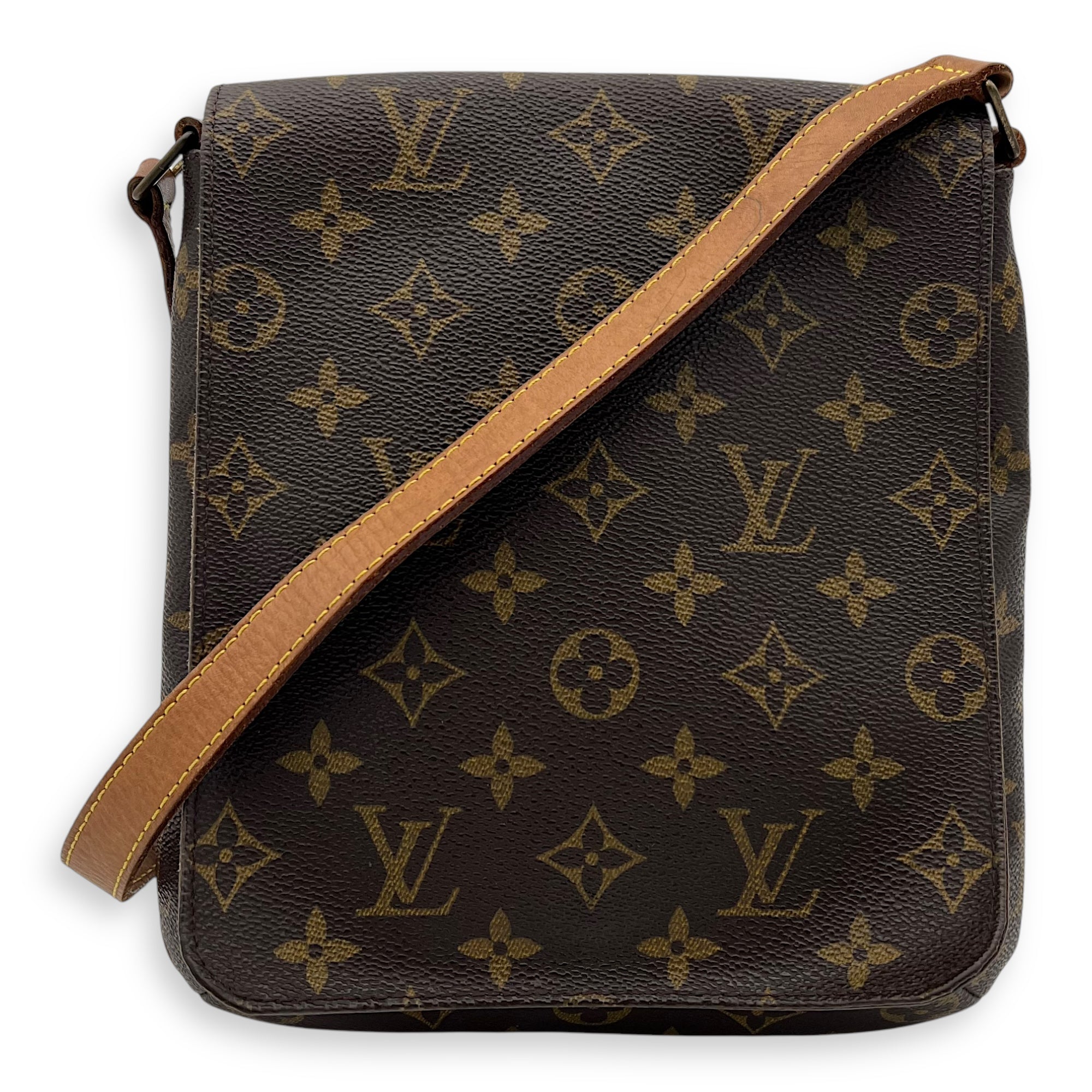 Musette Salsa Brown Crossbody Bag in Monogram Coated Canvas, Gold hardware