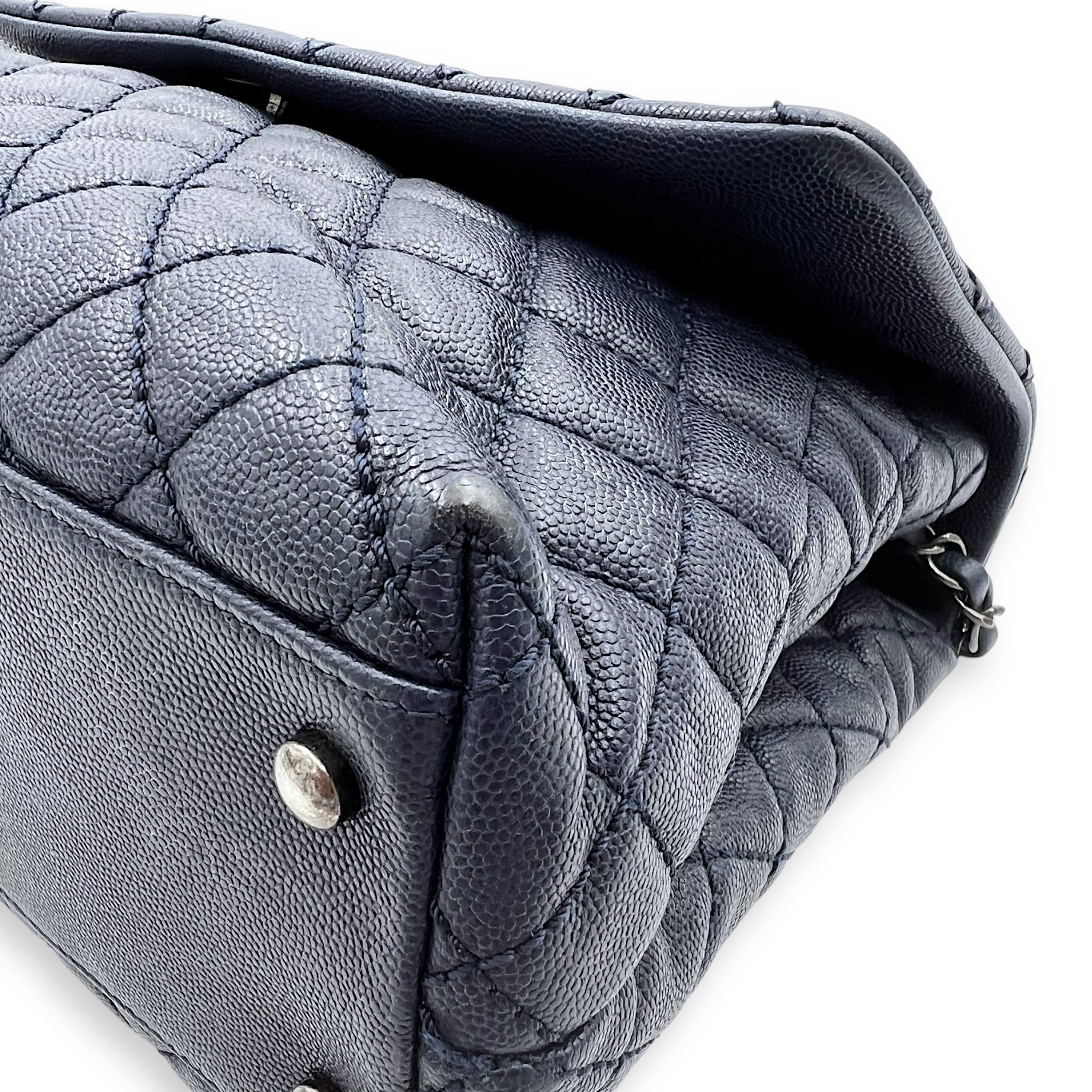 Coco Handle Quilted Top Handle Bag Blue in Caviar Leather, Silver hardware - Image 14