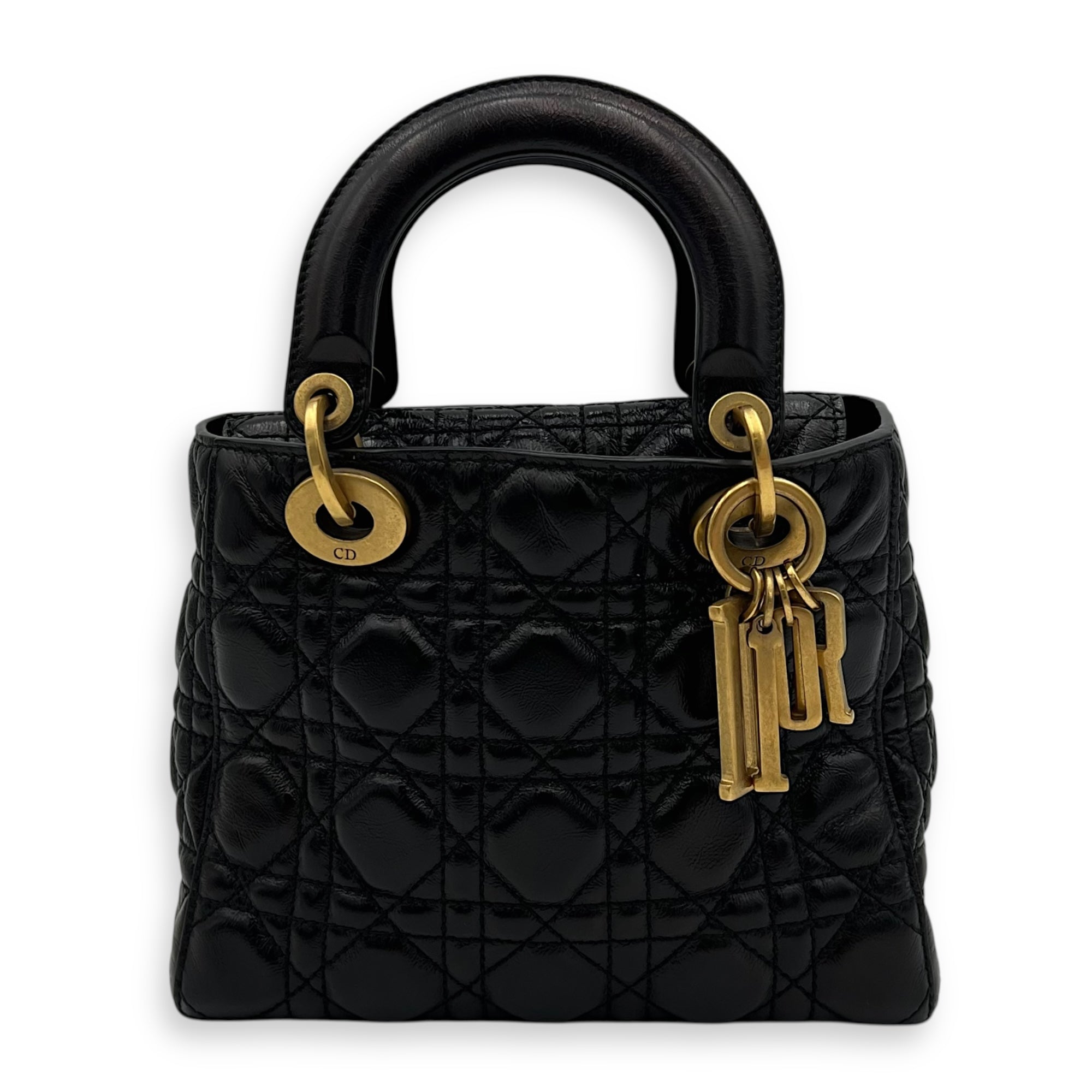 Lady Dior Top Handle Bag Small Black in Calfskin, Gold hardware