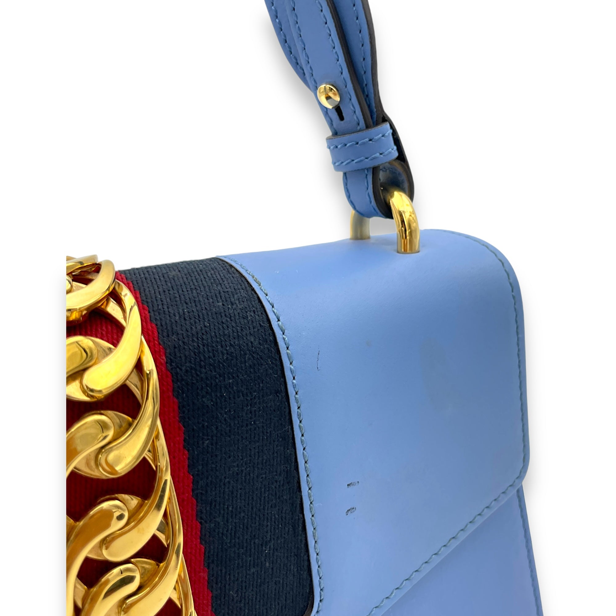 Sylvie Small Blue Shoulder Bag in Calfskin, Gold hardware - Image 10