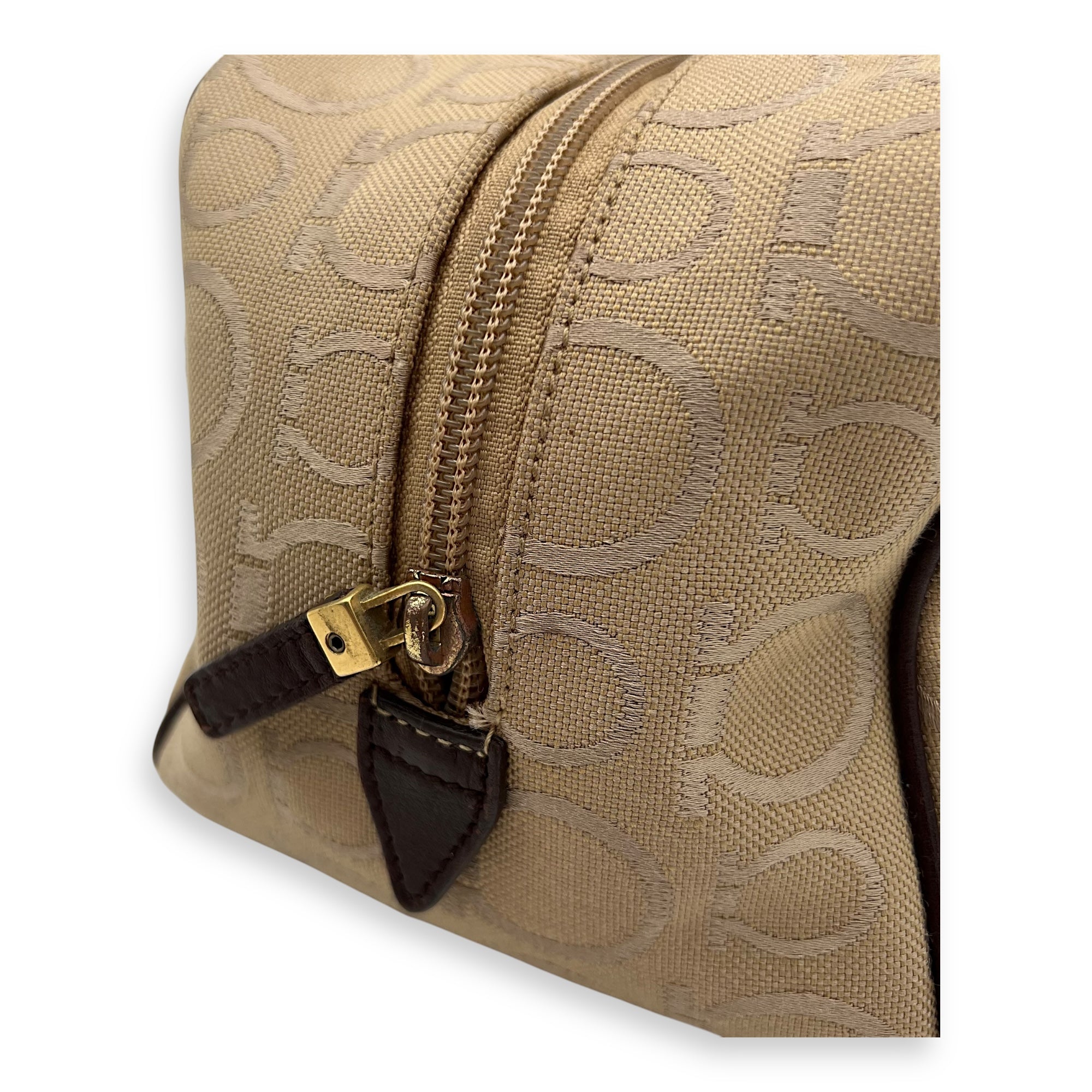 Gancini Beige Shoulder Bag in Canvas, Gold hardware - Image 12