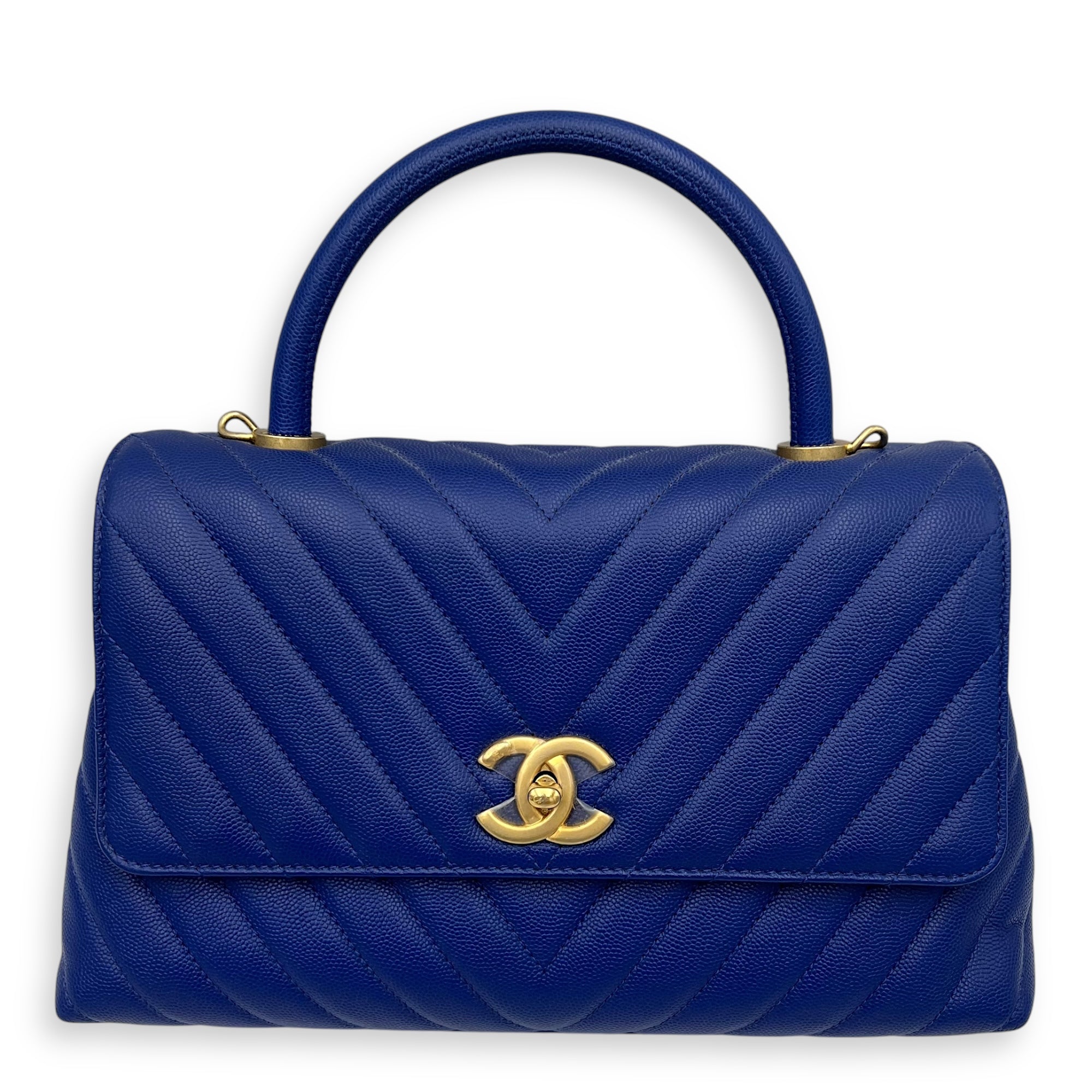 Coco Medium Blue Top Handle Bag in Caviar Leather, Gold hardware