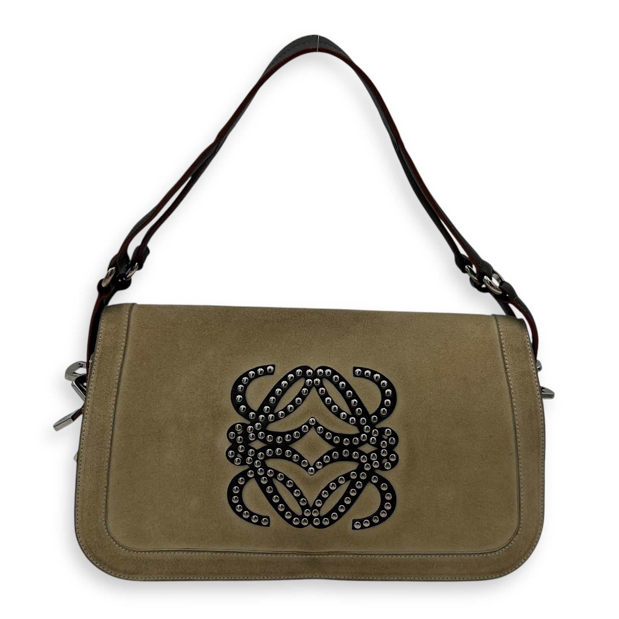Anagram Shoulder Bag Brown in Suede Leather, Silver hardware