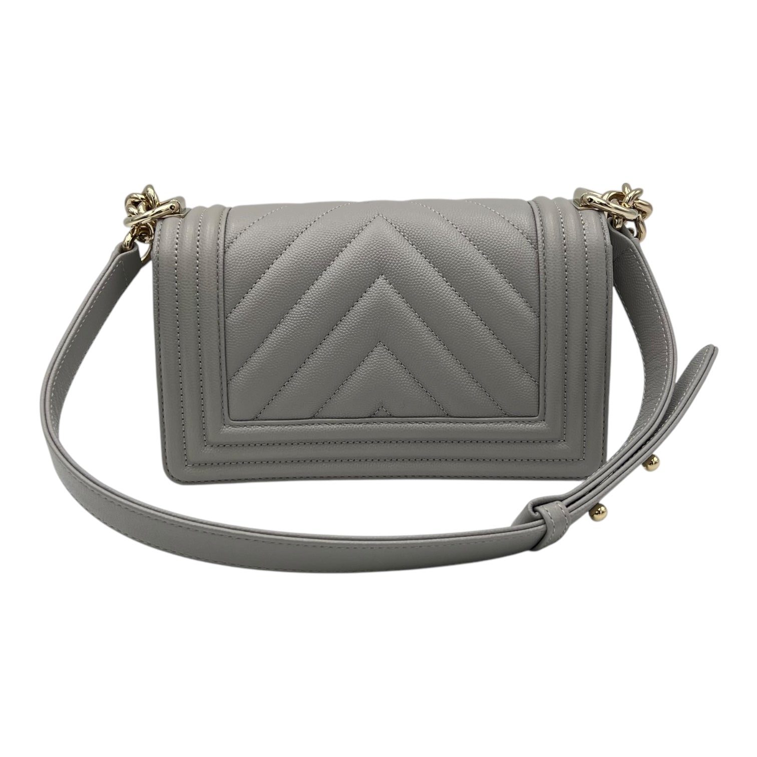 Chevron Quilted Boy Small Grey Shoulder Bag in Caviar Leather, Gold hardware - Image 3