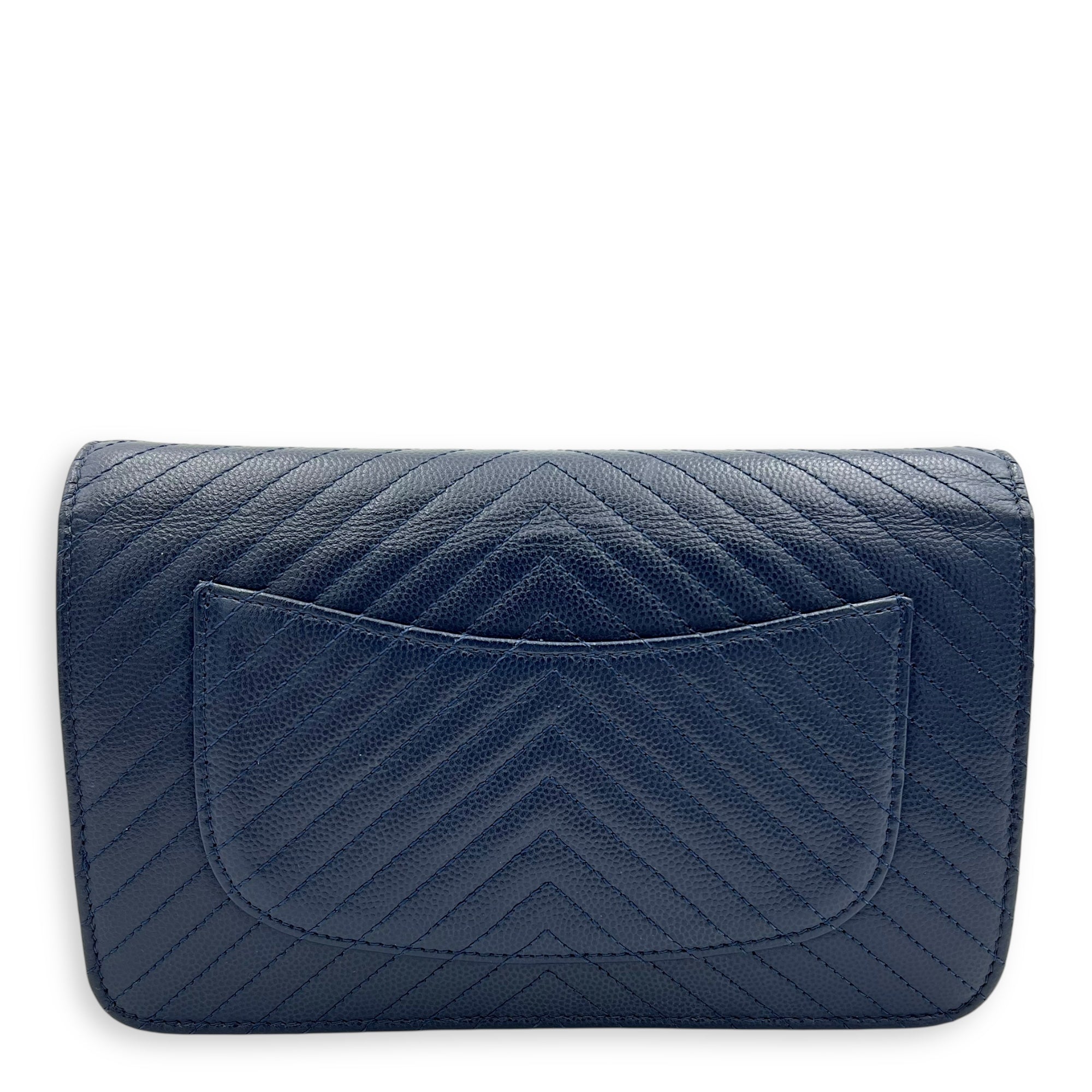 Chevron Wallet On Chain Blue in Caviar Leather, Silver hardware - Image 3
