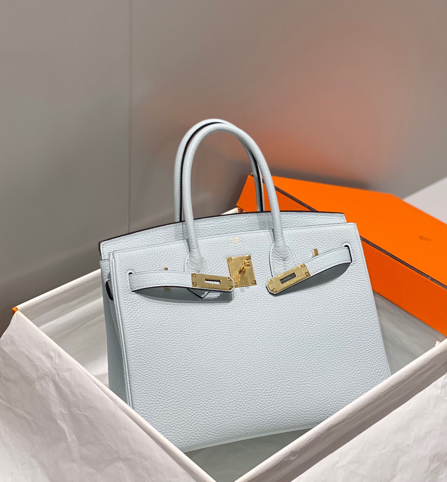 Hermes Birkin 30cm Bag In Blue Brume Clemence Leather GHW - Image 4