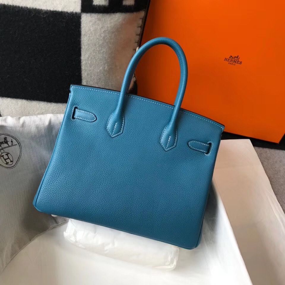 Hermes Birkin 30cm Bag In Jean Blue Clemence Leather GHW - Image 3