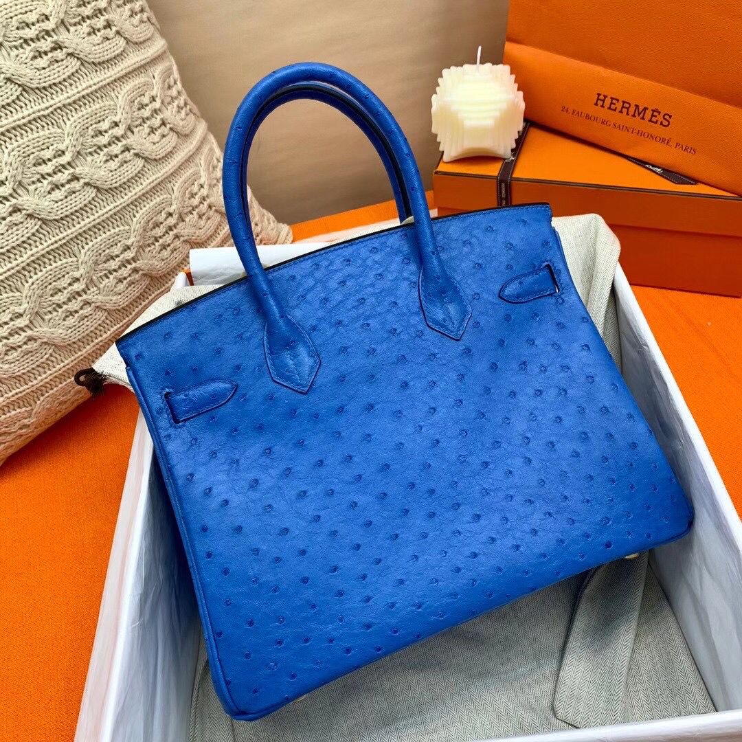 Hermes Birkin 30 Handmade Bag In Blue Ostrich Skin - Image 12