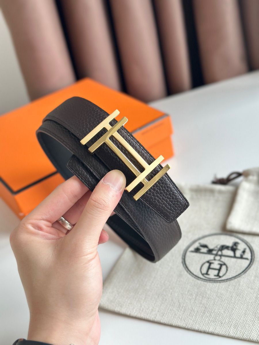 Hermes H au Carre Reversible Belt 32MM in Chocolate Clemence Leather - Image 5