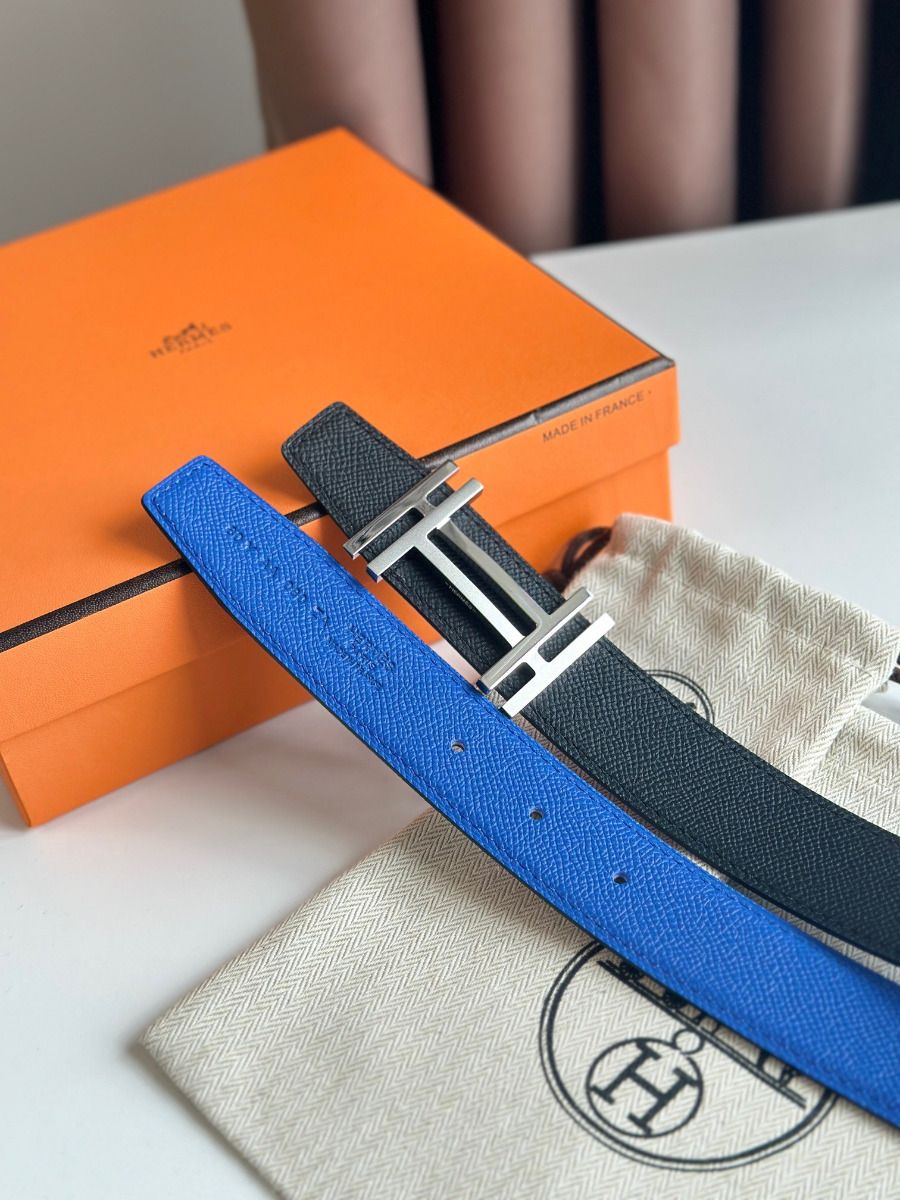 Hermes H au Carre Reversible Belt 32MM in Blue and Black Epsom Leather - Image 5