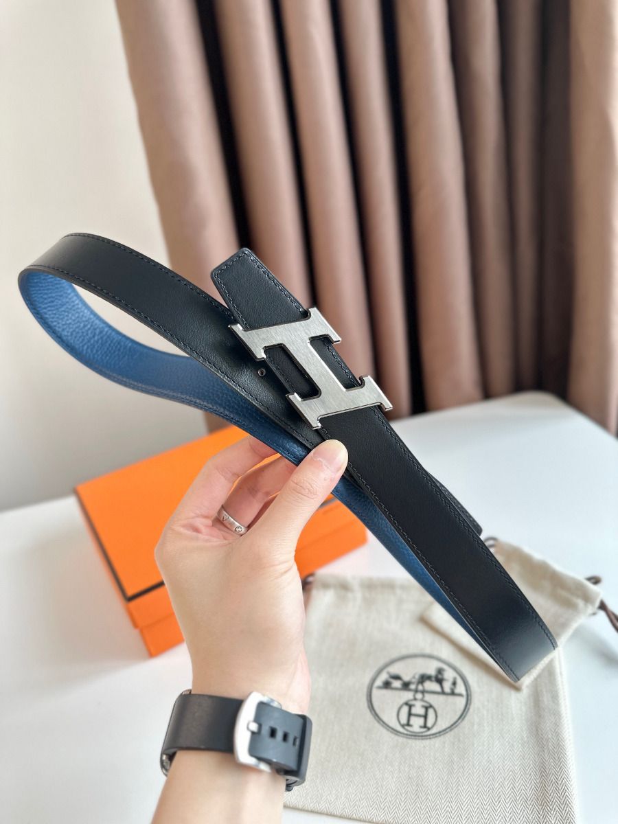 Hermes H Speed Reversible Belt 32MM in Blue Jean Clemence Leather - Image 3