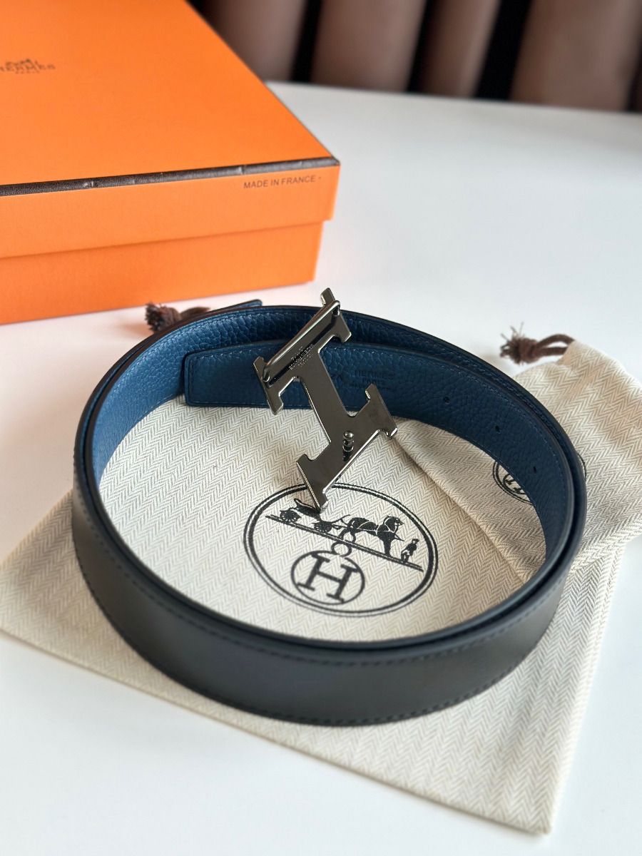 Hermes H Speed Reversible Belt 32MM in Blue Jean Clemence Leather - Image 8