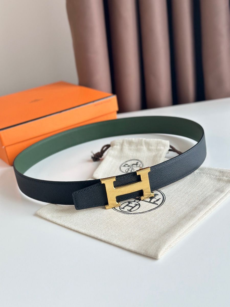 Hermes H Striee Reversible Belt 32MM in Green and Black Epsom Calfskin - Image 3