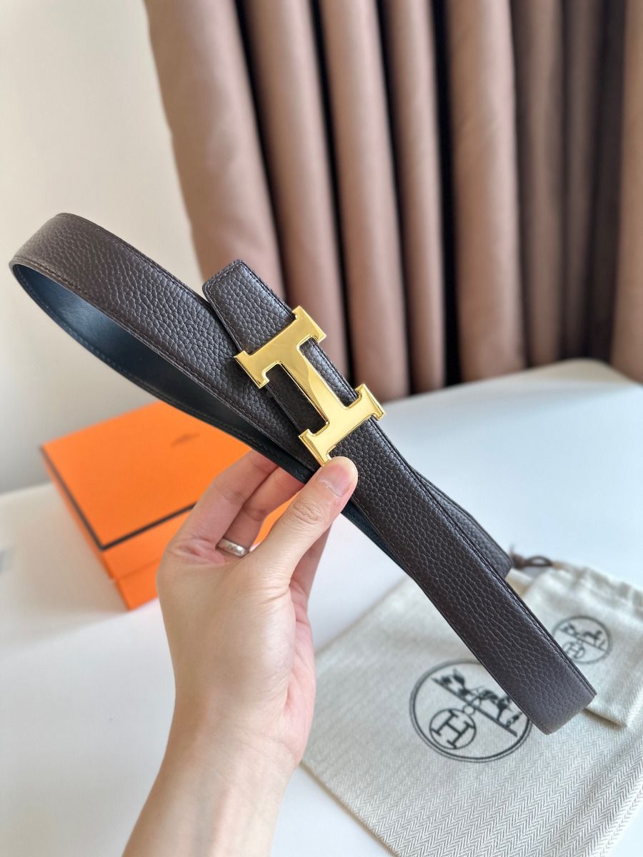 Hermes H Reversible Belt 32MM in Chocolate Clemence Leather - Image 4