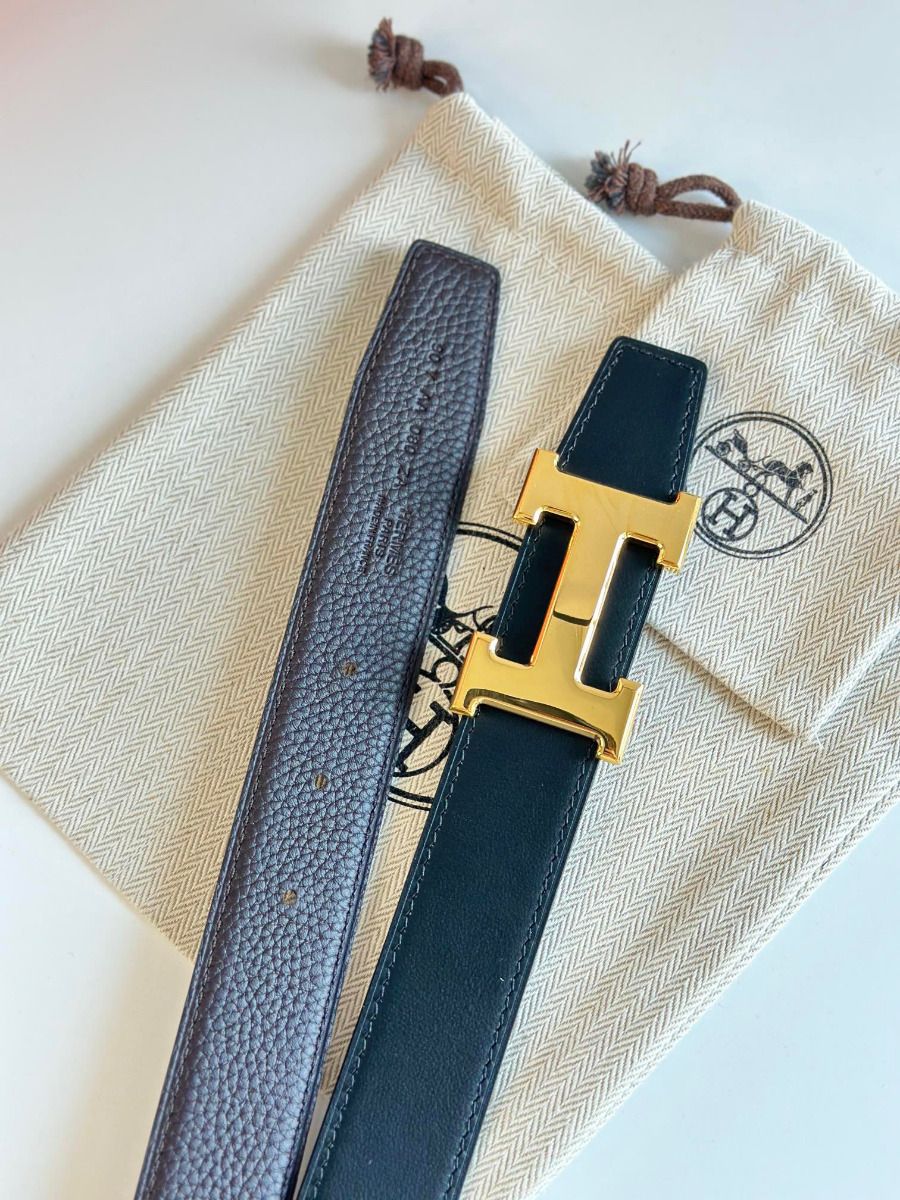 Hermes H Reversible Belt 32MM in Chocolate Clemence Leather - Image 6