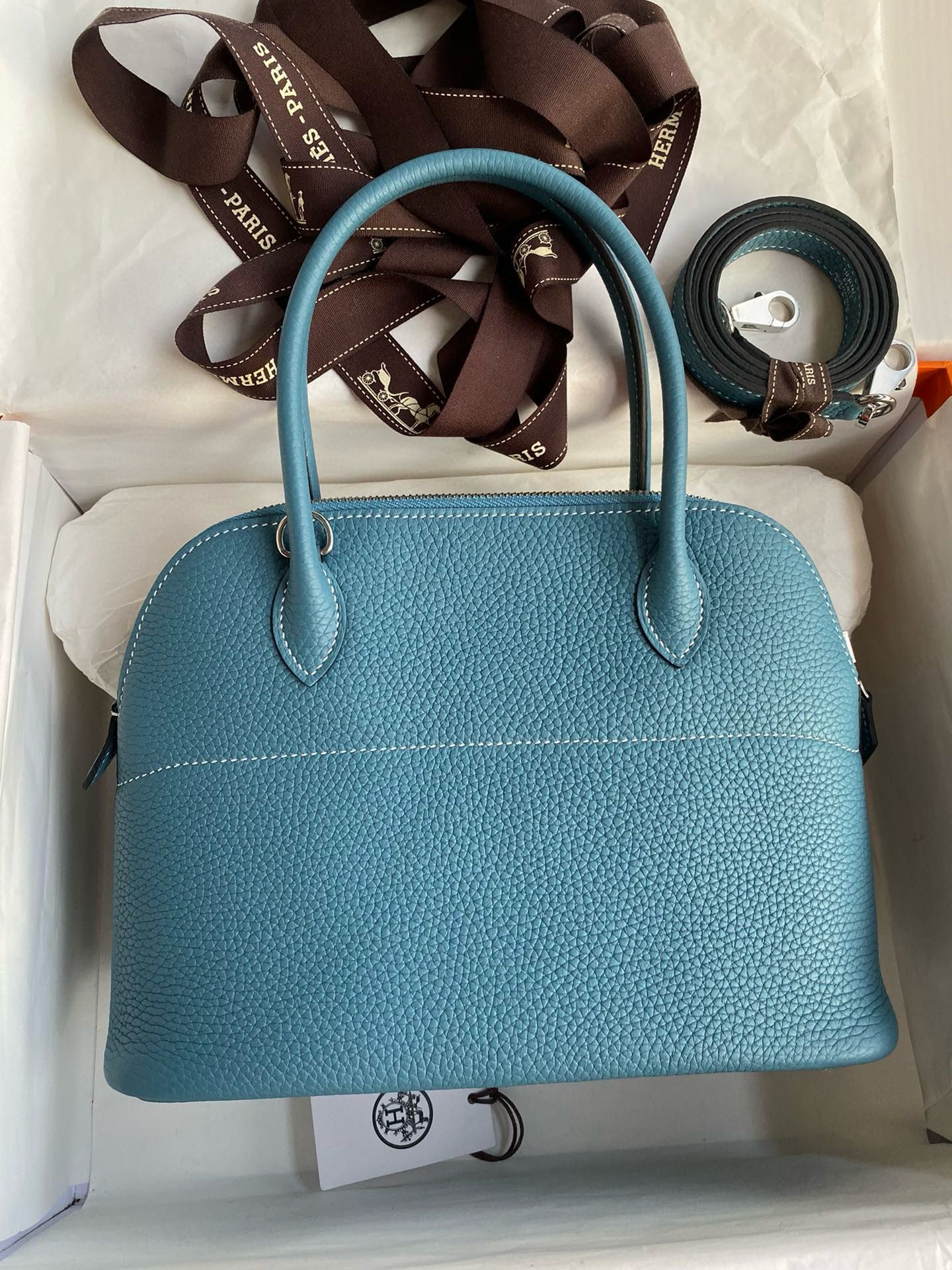 Hermes Bolide 1923 27 Handmade Bag in Blue Jean Clemence Calfskin - Image 3