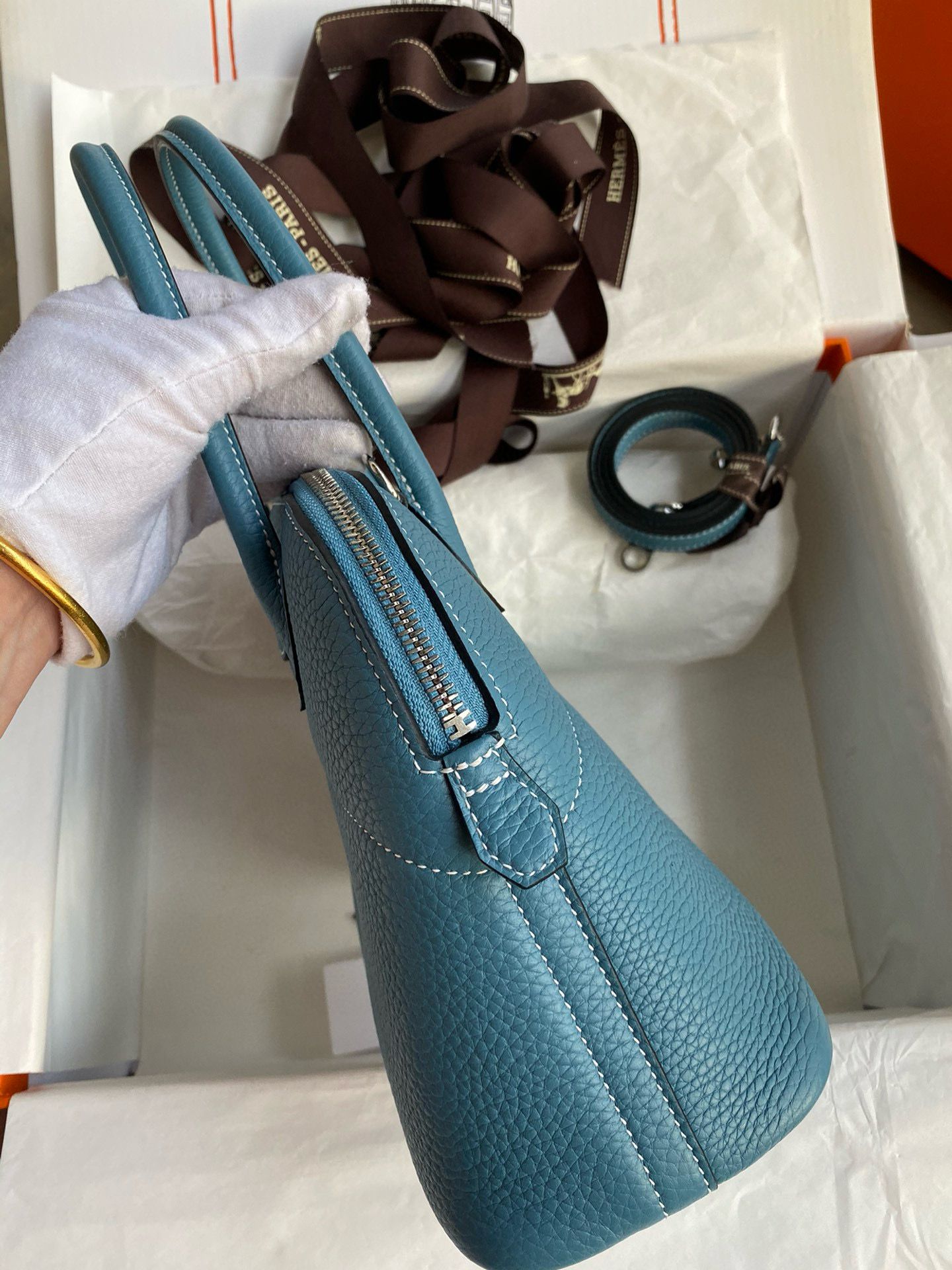 Hermes Bolide 1923 27 Handmade Bag in Blue Jean Clemence Calfskin - Image 6