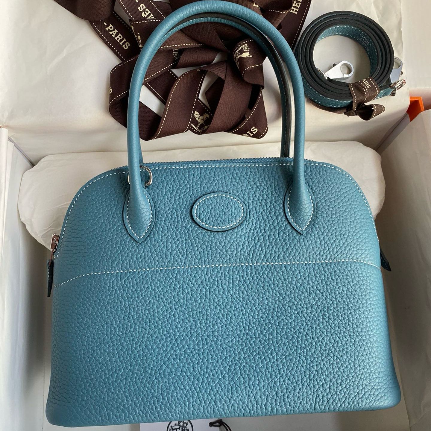 Hermes Bolide 1923 27 Handmade Bag in Blue Jean Clemence Calfskin