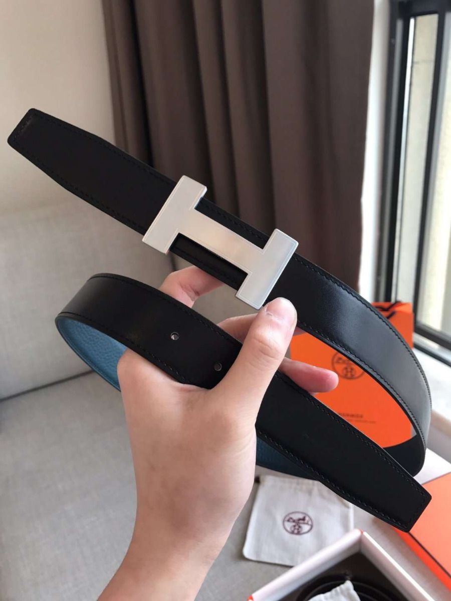 Hermes Quizz 32mm Reversible Belt In Blue Clemence Leather - Image 7