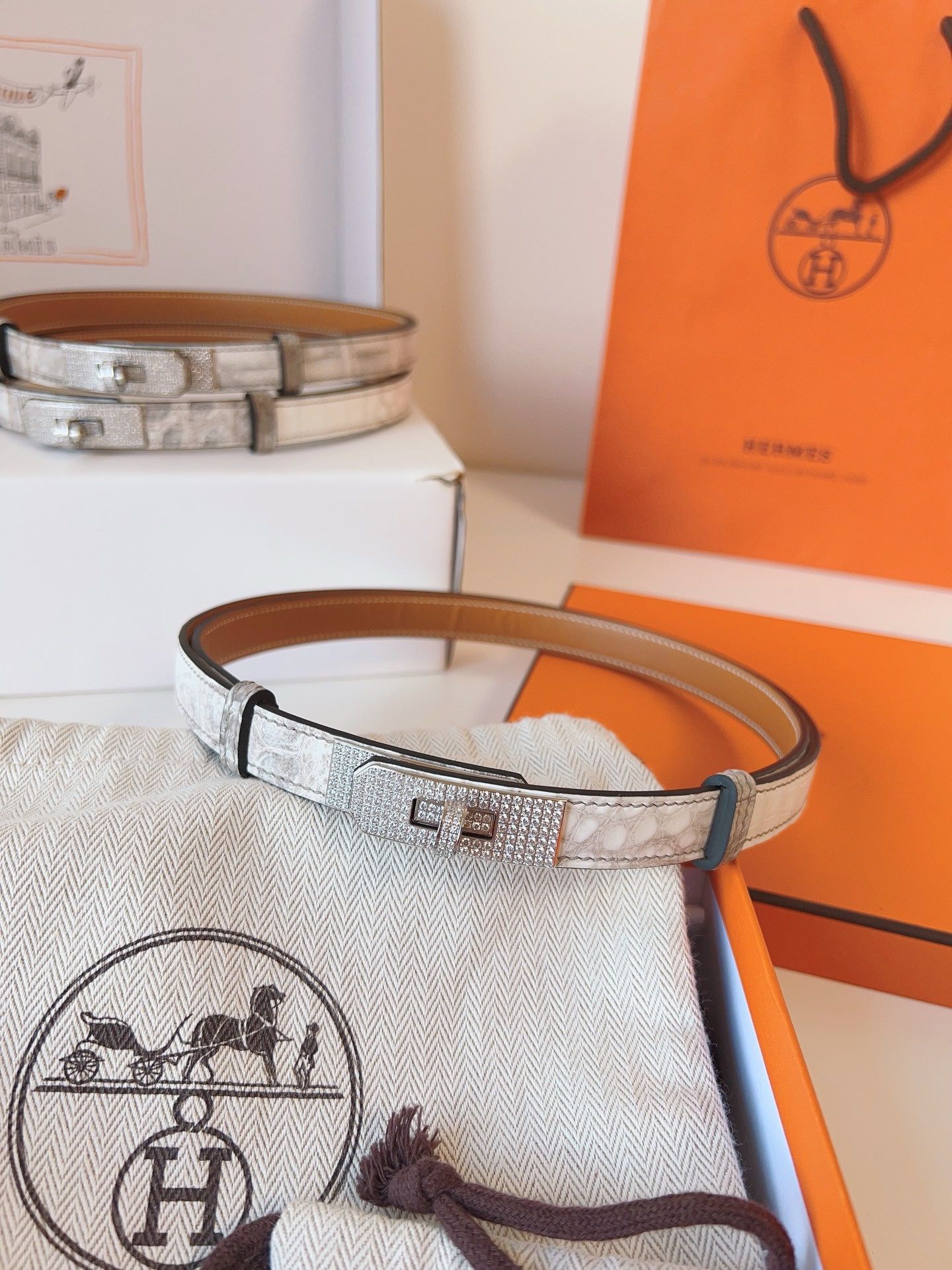 Hermes Kelly 18 Diamond Belt in Himalaya Niloticus Crocodile Leather - Image 3