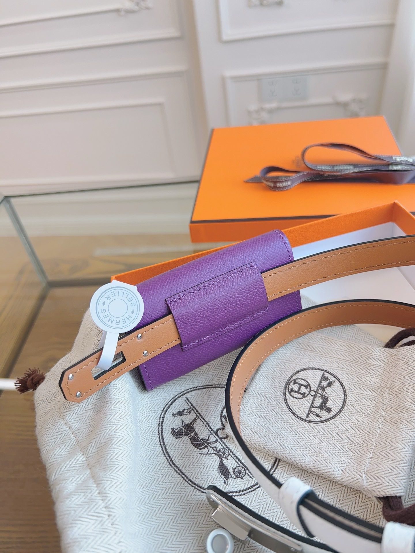Hermes Kelly Pocket 18 Belt in White and Violet Epsom Calfskin - Image 6