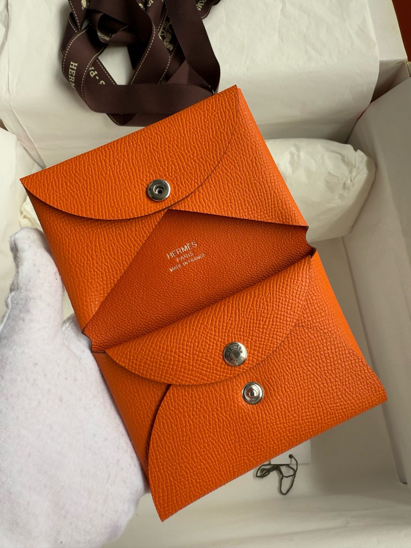 Hermes Calvi Duo Card Holder in Orange Epsom Calfskin - Image 3