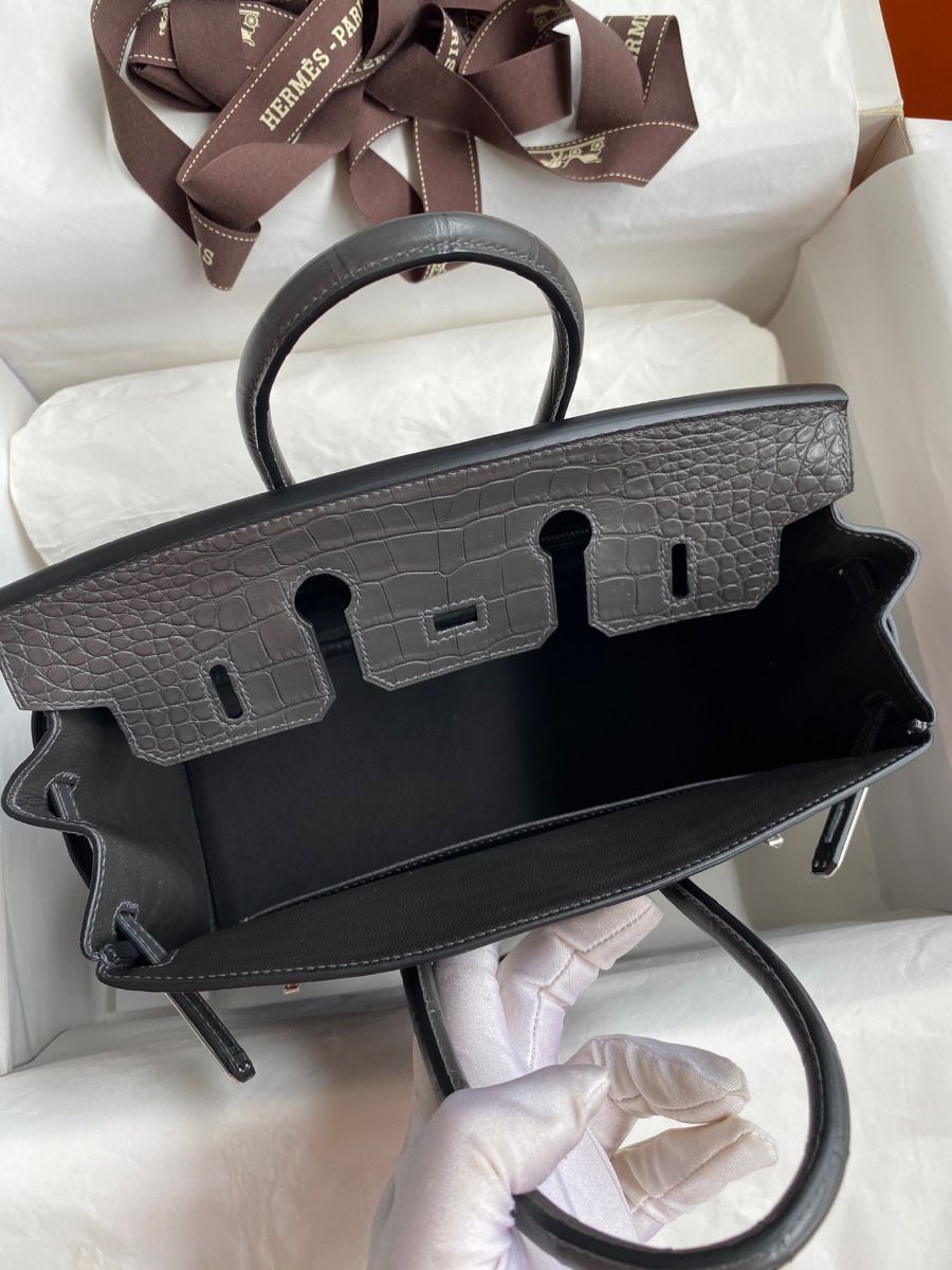 Hermes Birkin 25 Bag In Dark Grey Matte Alligator Crocodile Skin - Image 8