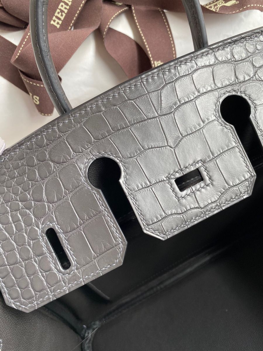 Hermes Birkin 25 Bag In Dark Grey Matte Alligator Crocodile Skin - Image 9