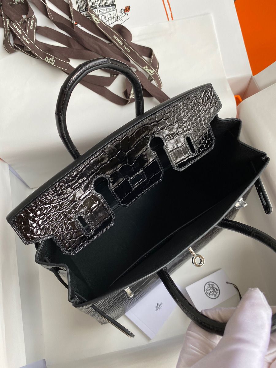 Hermes Birkin 25 Retourne Handmade Bag In Black Shiny Alligator Leather - Image 7