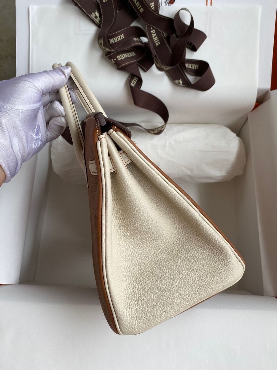 Hermes HSS Birkin 25 Bicolor Bag in Gold and Craie Clemence Leather - Image 6