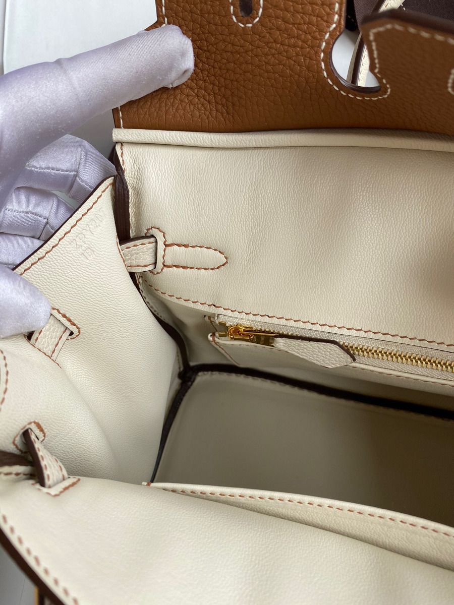 Hermes HSS Birkin 25 Bicolor Bag in Gold and Craie Clemence Leather - Image 9