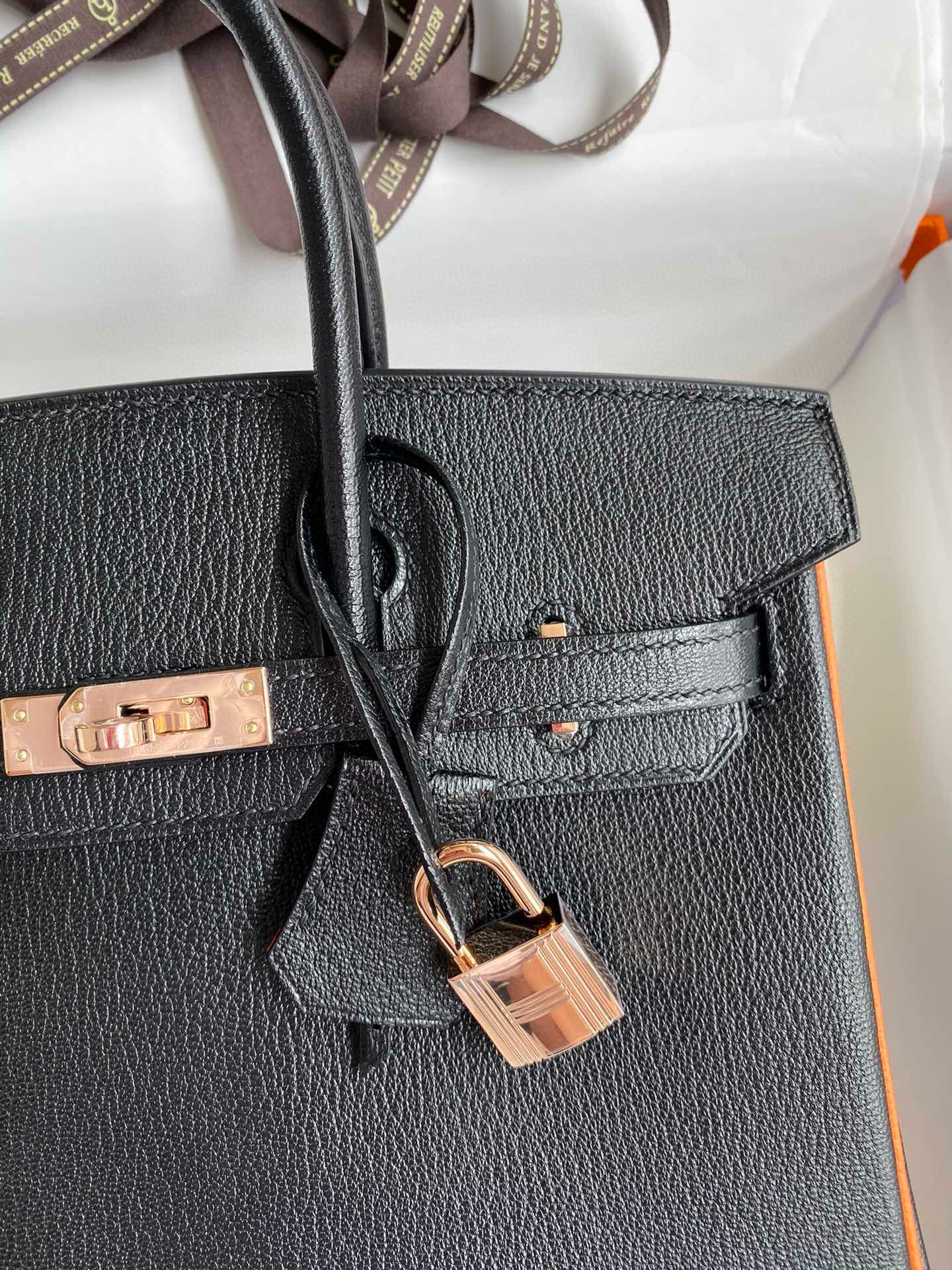 Hermes HSS Birkin 25 Bicolor Bag in Black and Orange Chevre Mysore Goatskin - Image 4