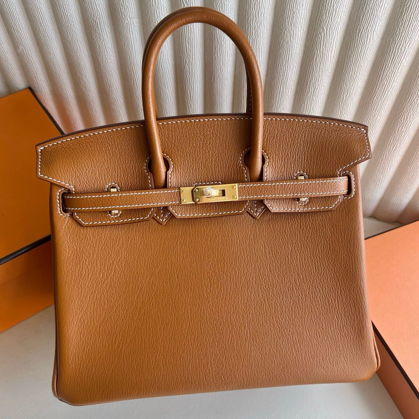 Hermes Birkin 25 Retourne Handmade Bag in Gold Chevre Mysore Goatskin