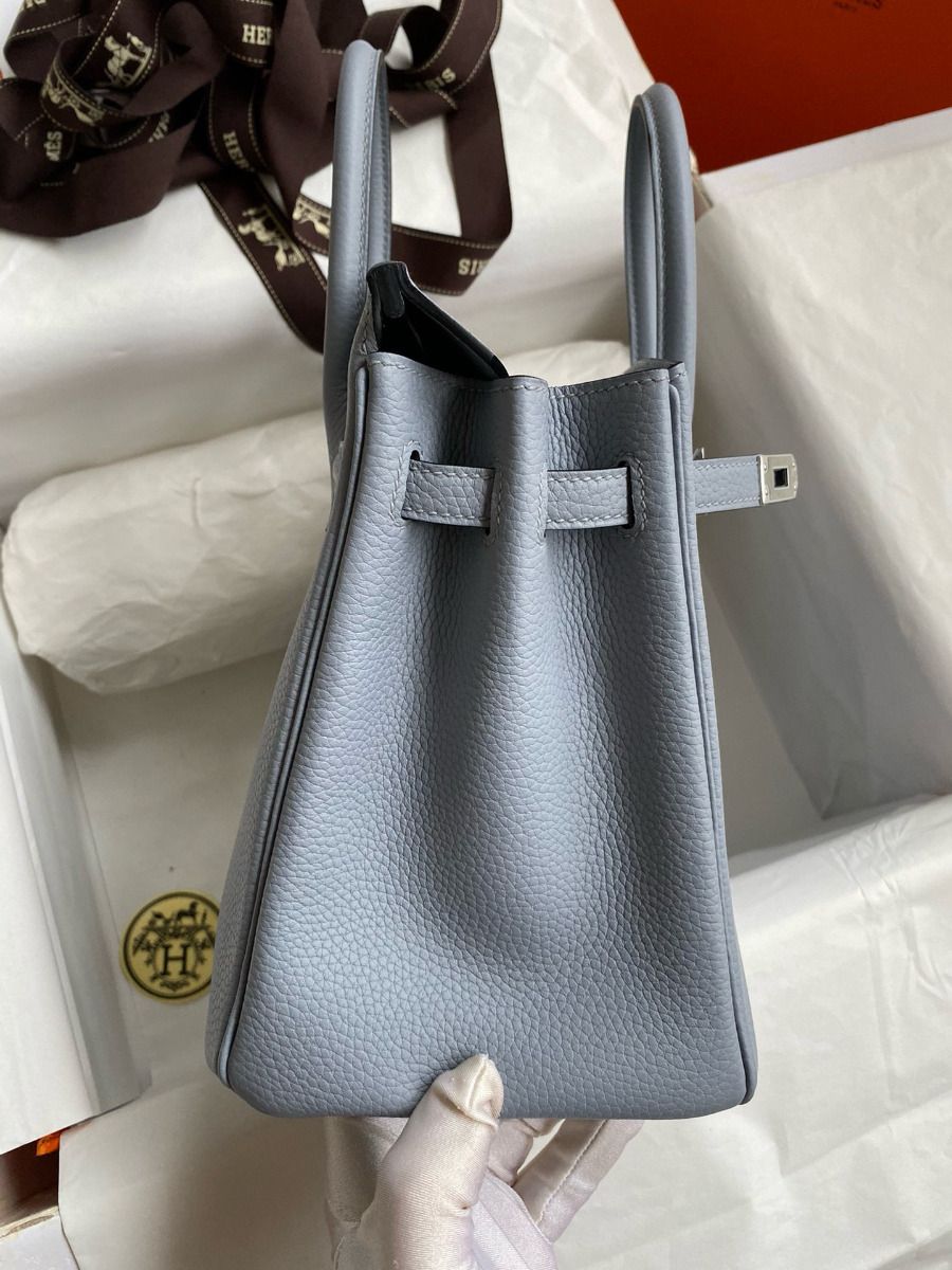 Hermes Birkin 25 Retourne Handmade Bag In Blue Lin Clemence Leather - Image 6