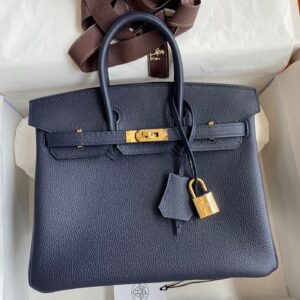 Hermes Birkin 25 Retourne Handmade Bag in Blue Nuit Clemence Leather