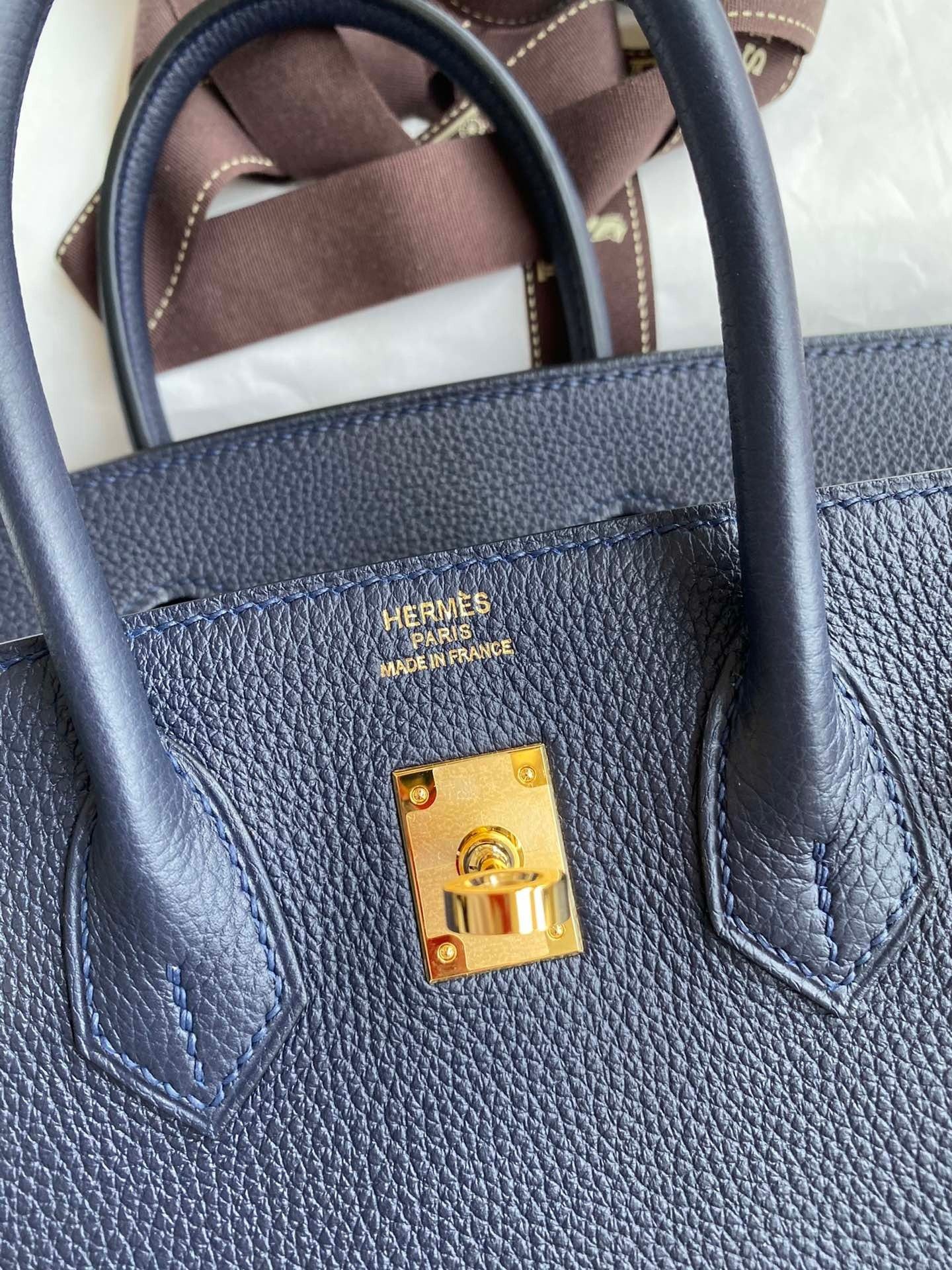 Hermes Birkin 25 Retourne Handmade Bag in Blue Nuit Clemence Leather - Image 7
