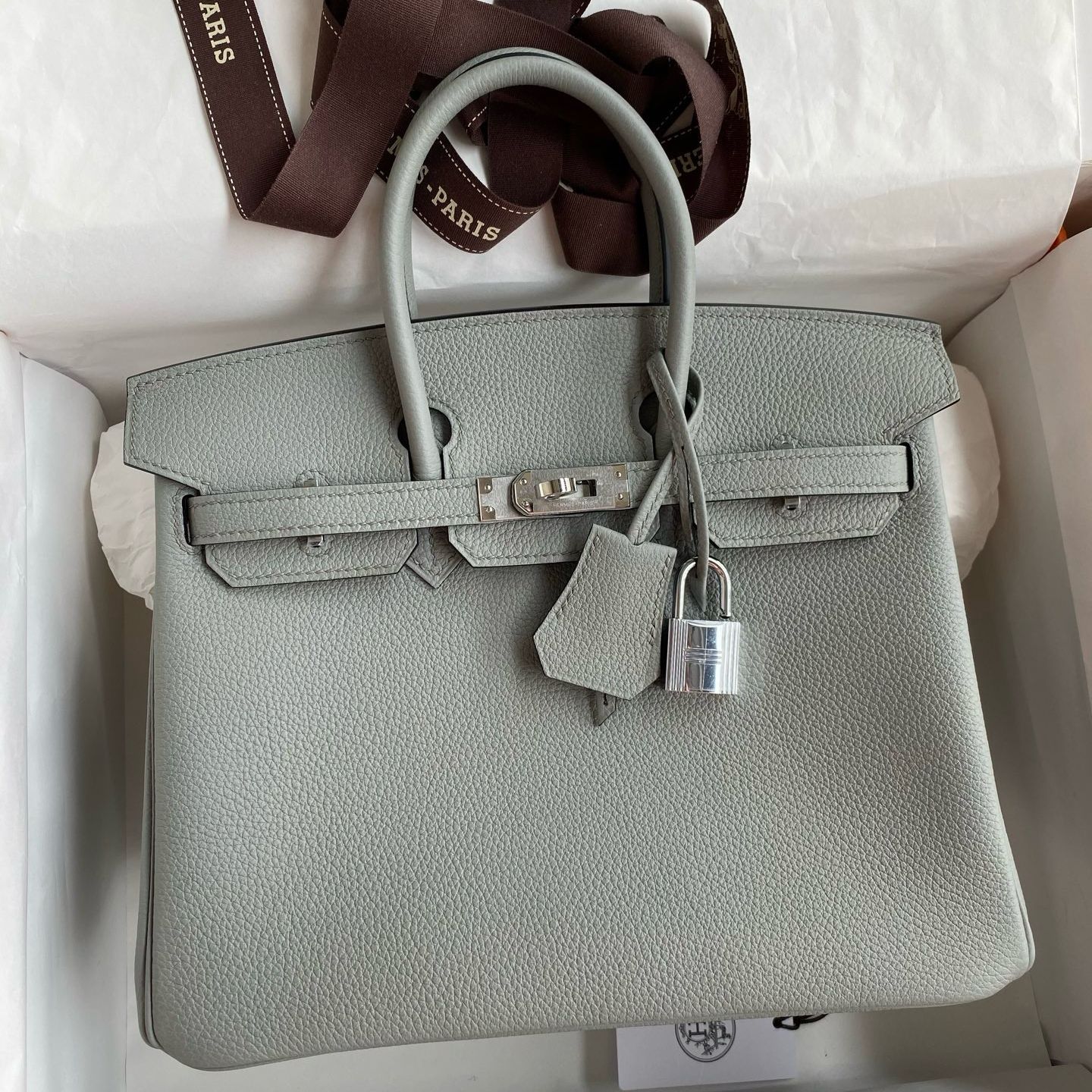 Hermes Birkin 25 Retourne Handmade Bag in Gris Mouette Clemence Leather