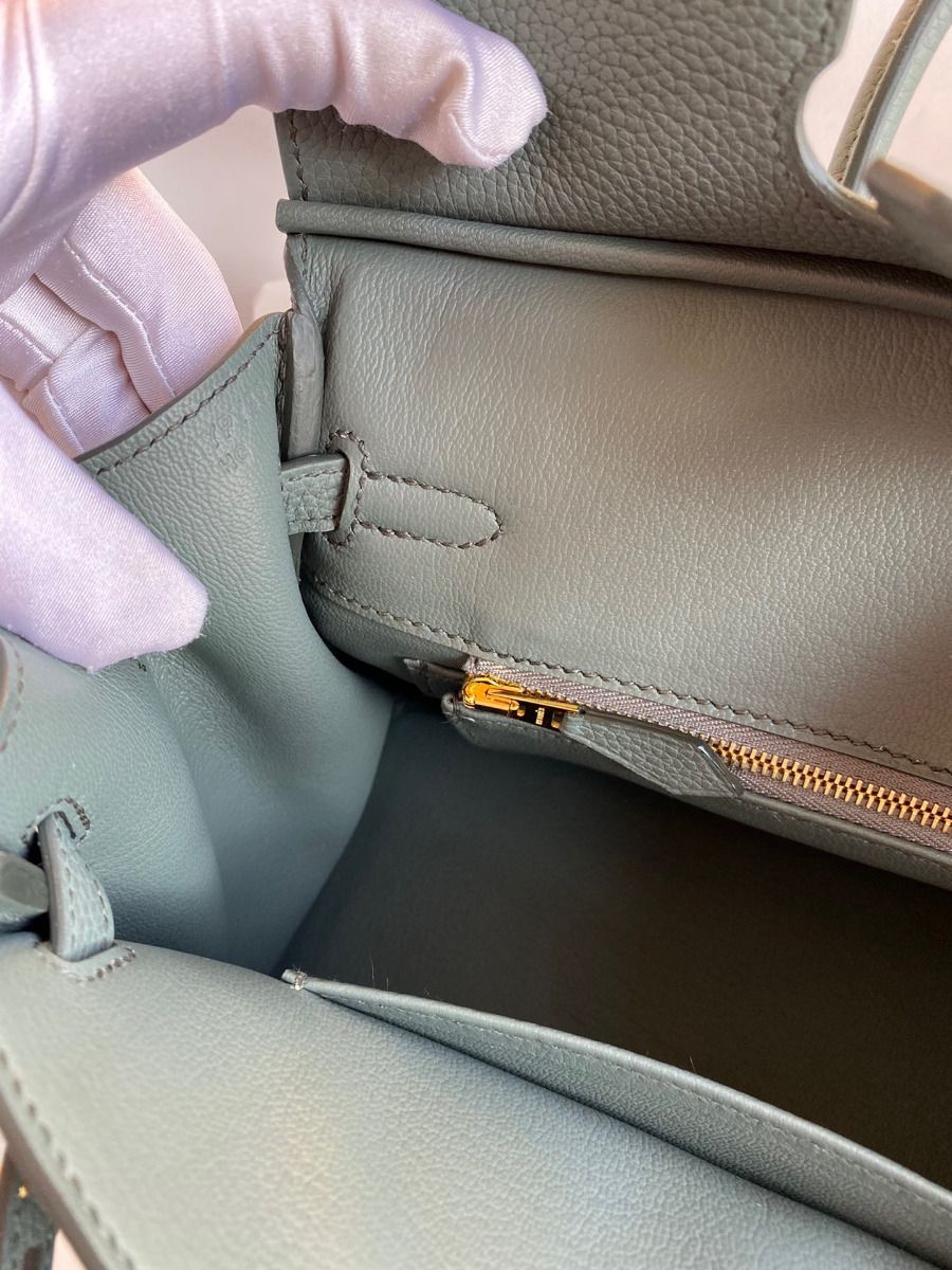Hermes Birkin 25 Retourne Handmade Bag In Vert Amande Clemence Leather - Image 9