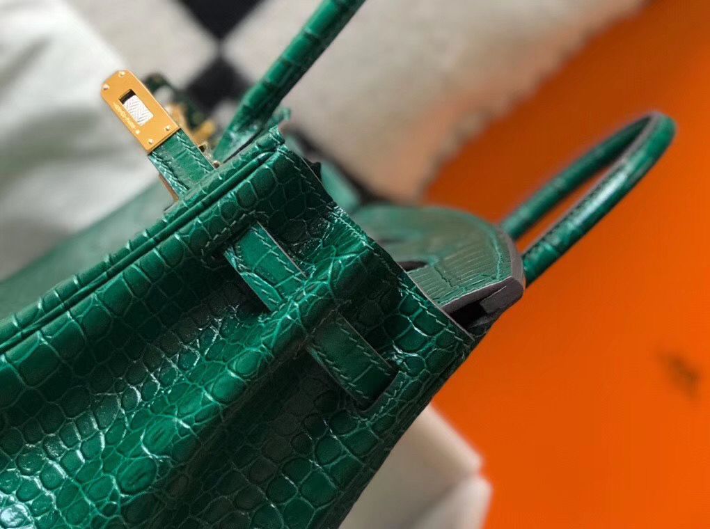 Hermes Birkin 25cm Bag In Green Embossed Crocodile Leather - Image 8