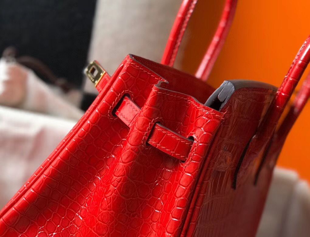 Hermes Birkin 25cm Bag In Red Embossed Crocodile Leather - Image 7